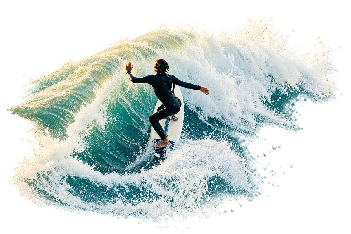 Surfista sobre una ola, recortado como un collage